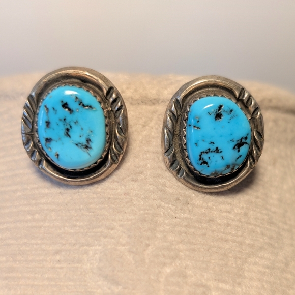 Richard Begay Signed RB Sterling Turquoise Stud Earrings